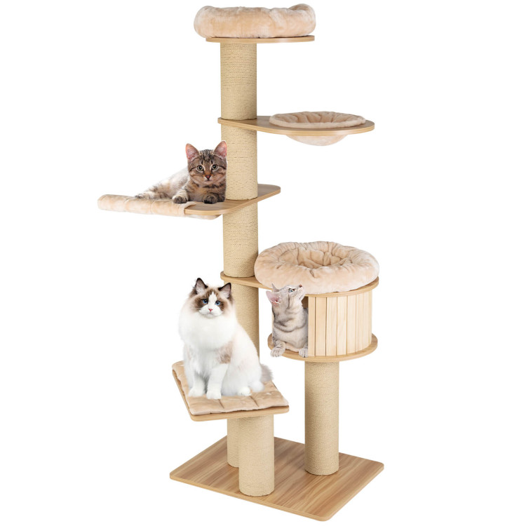 Modern Tall Cat Tree Tower with Scratch Posts and Washable Mats-BeigeCostway Gallery View 1 of 10